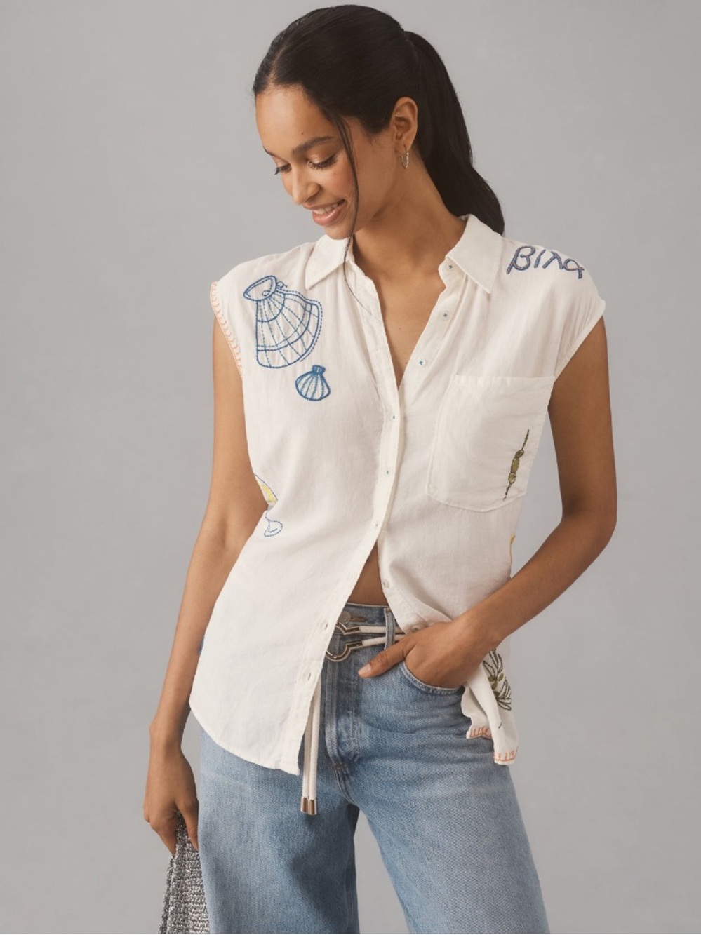 Maeve Bennet White Sleeveless Button-Down Shirt with Embroidery Detailing